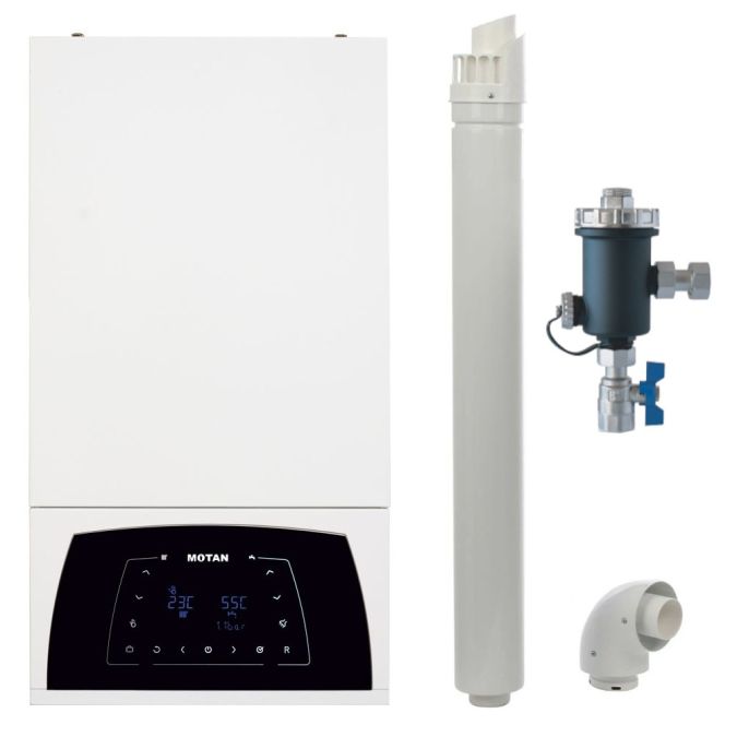 Centrala termica in condensare Motan Condens Plus 100 - 25 kW, 7 ani garantie, kit evacuare inclus, filtru antimagnetita TURBO MAG si extragarantie 2 ani Cadou